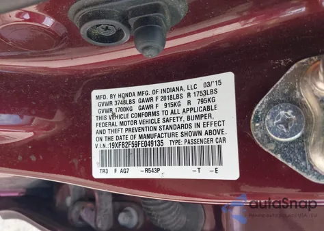 2015 Honda Civic Lx z USA, uszkodzony, nr VIN 19XFB2F59FE049135